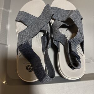 Clark's Cloudsteppers Soft Cushion Ankle Strap Sandal Heathered Denim Blue 8W